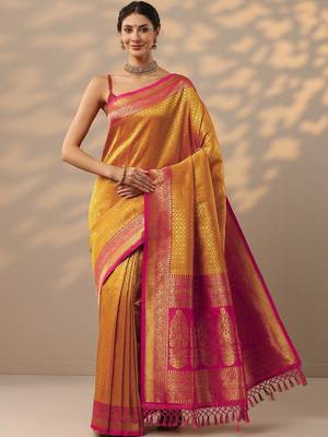 yellow woven design banarasi silk blend saree with unstitched blouse piece 1
