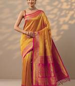yellow woven design banarasi silk blend saree with unstitched blouse piece