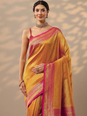 yellow woven design banarasi silk blend saree with unstitched blouse piece 2