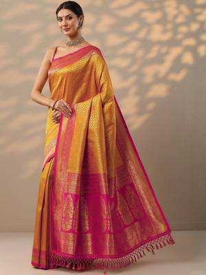 yellow woven design banarasi silk blend saree with unstitched blouse piece 3
