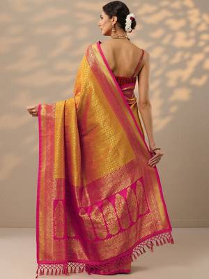 yellow woven design banarasi silk blend saree with unstitched blouse piece 4
