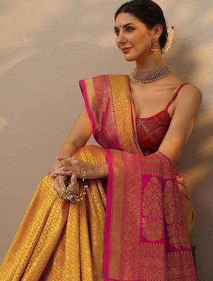yellow woven design banarasi silk blend saree with unstitched blouse piece 5