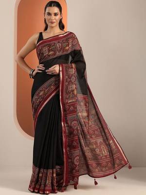 black solid cotton blend saree with unstitched blouse piece 1