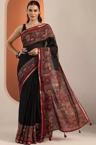 black solid cotton blend saree with unstitched blouse piece