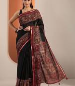 black solid cotton blend saree with unstitched blouse piece