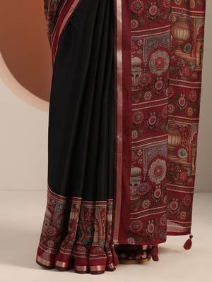 black solid cotton blend saree with unstitched blouse piece 2