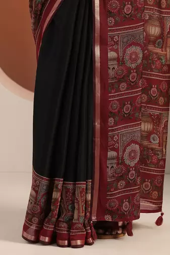 black solid cotton blend saree with unstitched blouse piece