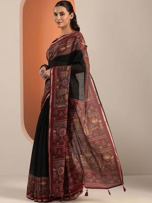 black solid cotton blend saree with unstitched blouse piece 4