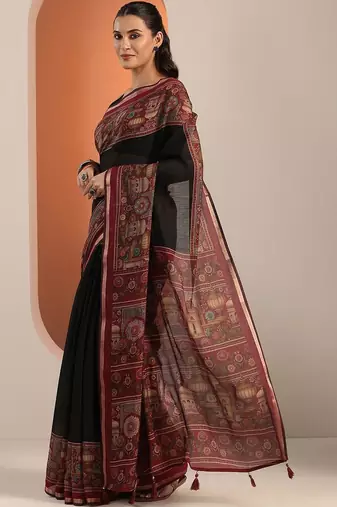 black solid cotton blend saree with unstitched blouse piece