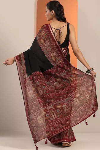 black solid cotton blend saree with unstitched blouse piece