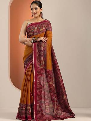 mustard solid cotton blend saree with unstitched blouse piece 1