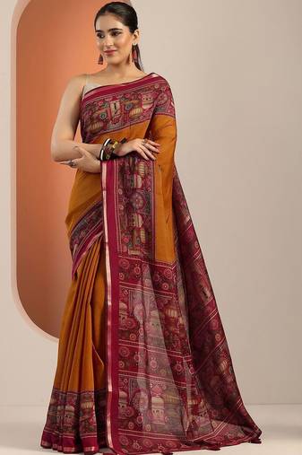 mustard solid cotton blend saree with unstitched blouse piece