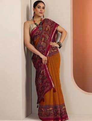 mustard solid cotton blend saree with unstitched blouse piece 2