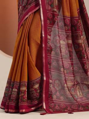 mustard solid cotton blend saree with unstitched blouse piece 3