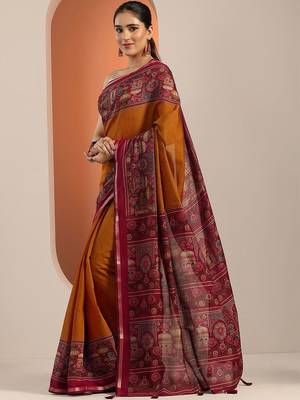 mustard solid cotton blend saree with unstitched blouse piece 5