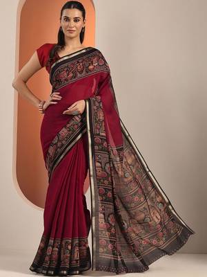 maroon solid cotton blend saree with unstitched blouse piece 1