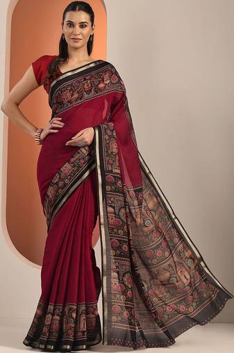 maroon solid cotton blend saree with unstitched blouse piece