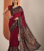 maroon solid cotton blend saree with unstitched blouse piece