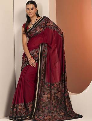 maroon solid cotton blend saree with unstitched blouse piece 2