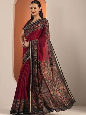 maroon solid cotton blend saree with unstitched blouse piece 5