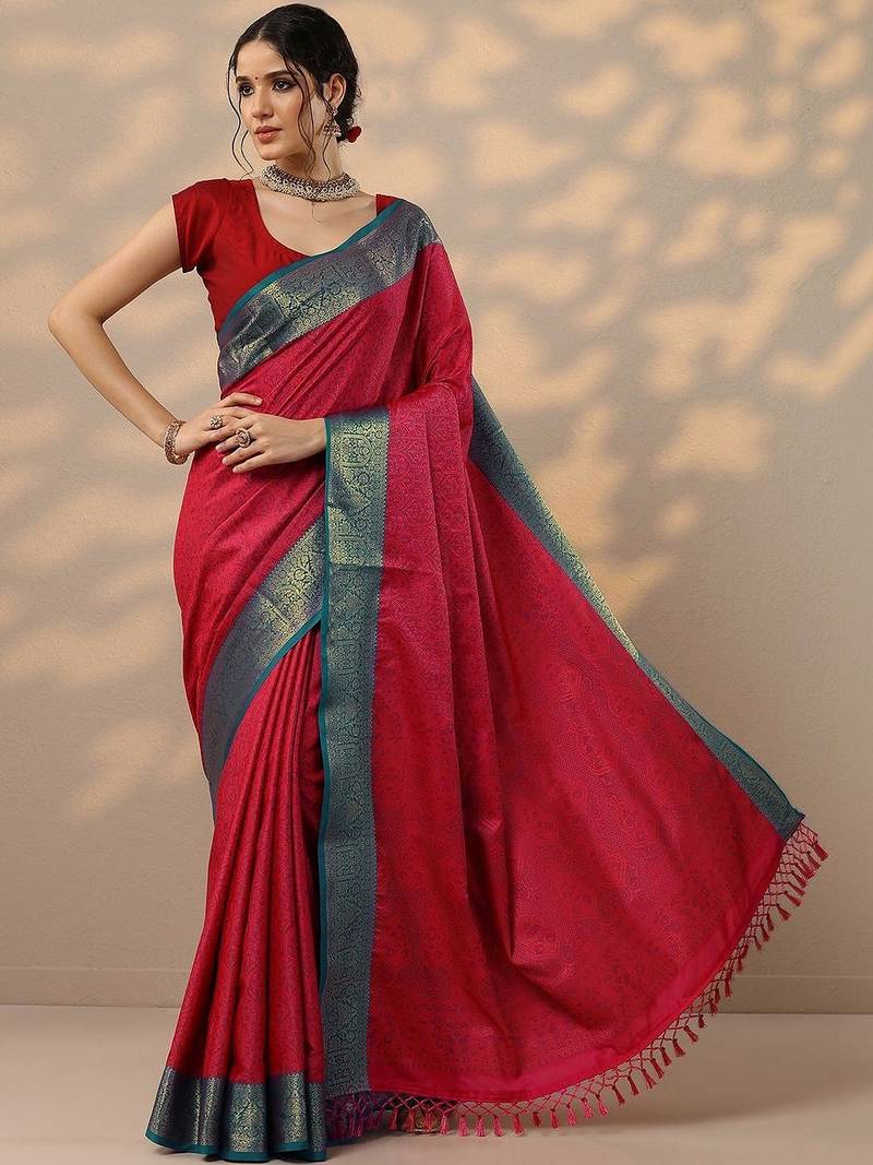 red woven design kanjeevaram saree with unstitched blouse piece