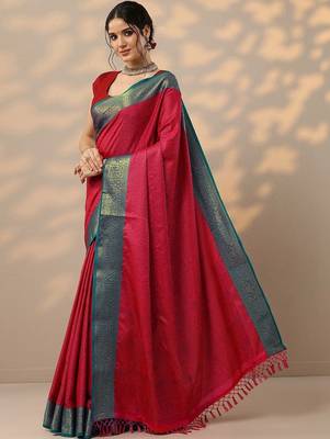 red woven design kanjeevaram saree with unstitched blouse piece 2