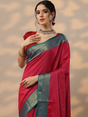red woven design kanjeevaram saree with unstitched blouse piece 4