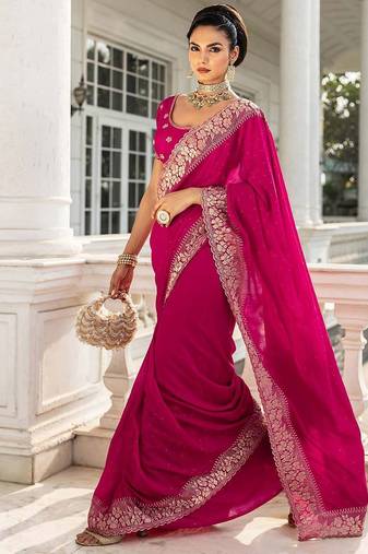 pink embellished saree with unstitched blouse piece