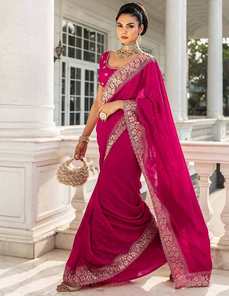 pink embellished saree with unstitched blouse piece