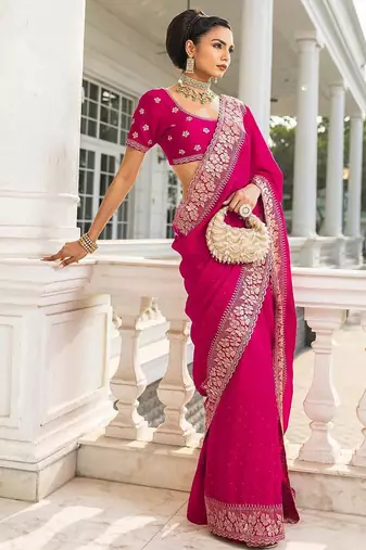 pink embellished saree with unstitched blouse piece