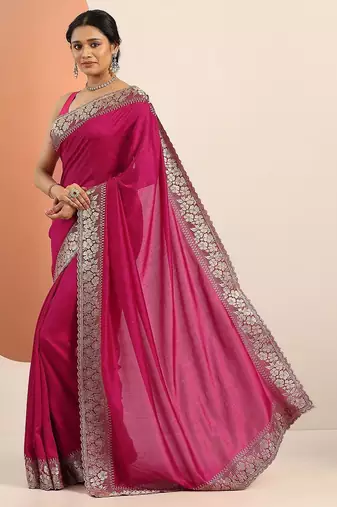 pink embellished saree with unstitched blouse piece