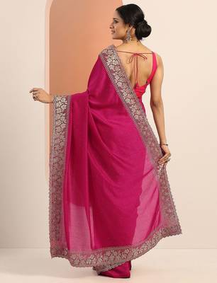 pink embellished saree with unstitched blouse piece 4