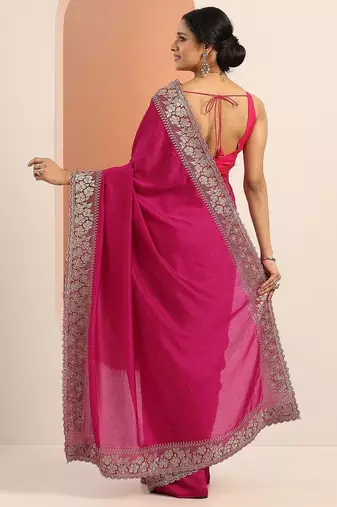 pink embellished saree with unstitched blouse piece