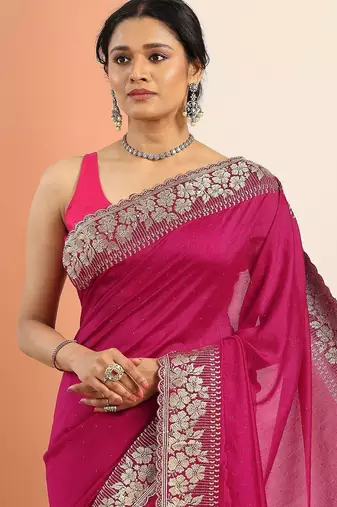 pink embellished saree with unstitched blouse piece