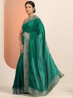green embellished saree with unstitched blouse piece 2