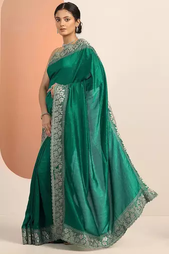 green embellished saree with unstitched blouse piece