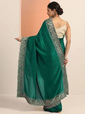 green embellished saree with unstitched blouse piece 3