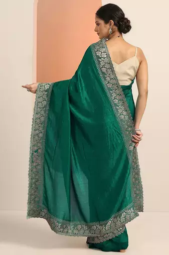 green embellished saree with unstitched blouse piece