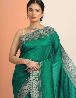 green embellished saree with unstitched blouse piece 4