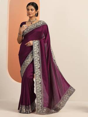 burgundy embellished saree with unstitched blouse piece 1