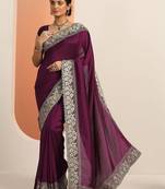 burgundy embellished saree with unstitched blouse piece