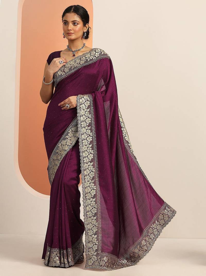 burgundy embellished saree with unstitched blouse piece