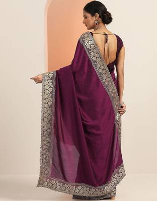 burgundy embellished saree with unstitched blouse piece 3