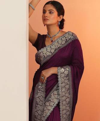 burgundy embellished saree with unstitched blouse piece 4