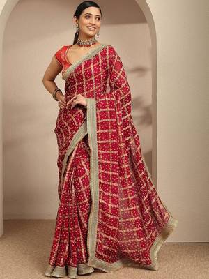 red bandhani printed saree with unstitched blouse piece 1