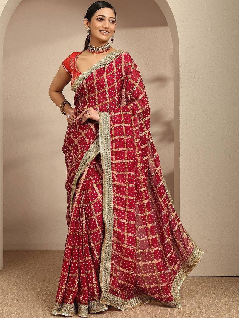 red bandhani printed saree with unstitched blouse piece