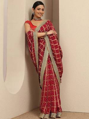 red bandhani printed saree with unstitched blouse piece 2