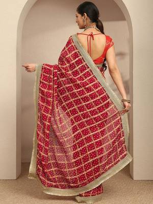 red bandhani printed saree with unstitched blouse piece 4