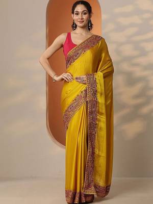 yellow solid chiffon saree with unstitched blouse piece 1
