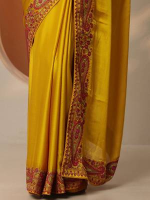 yellow solid chiffon saree with unstitched blouse piece 2